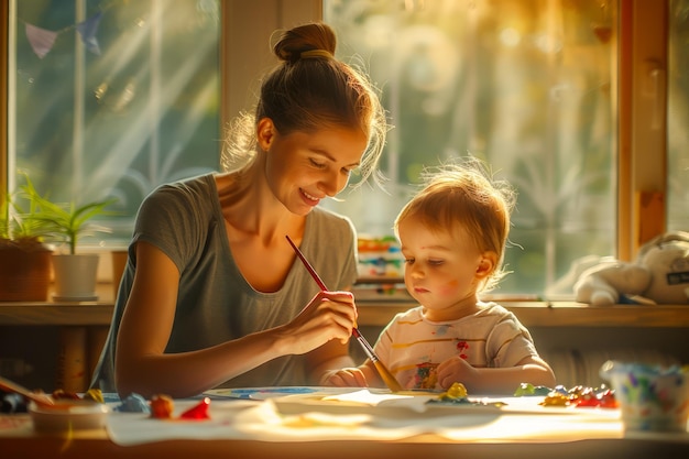 幼い 母 が 家 で 幼児 を 水彩 で 描く こと を 助け て いる 暖かい 太陽 の 光 に 快適 さ を 加え て いる