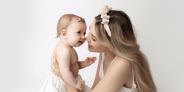 A young mother and her baby girl in white