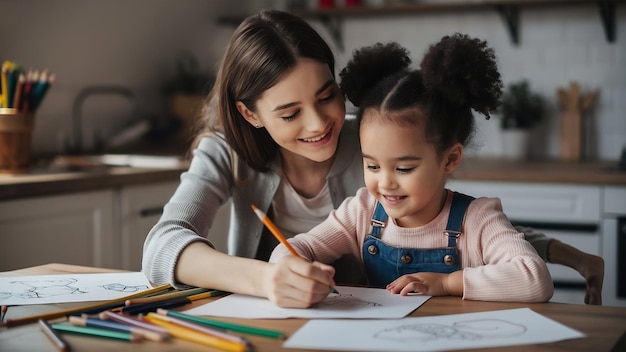 Молодая мать и ее маленькая дочь рисуют карандашами дома