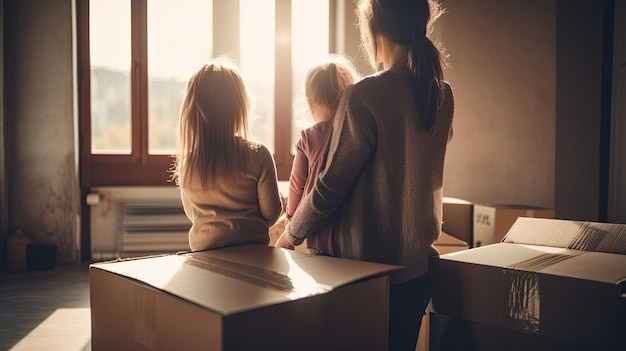 Young mother and her two daughters packing boxes for moving into a new home