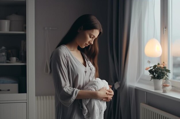 Photo young mother holding her baby in the bedroom