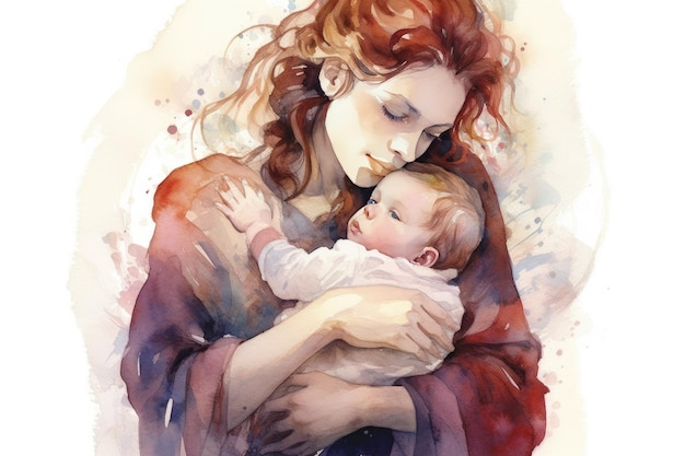 Young mother hugs her newborn with care and love Watercolor illustration Generative AI