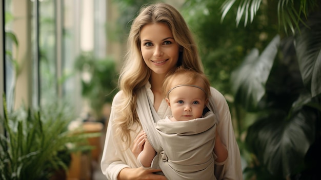 A young mother is holding her baby in a baby carrier