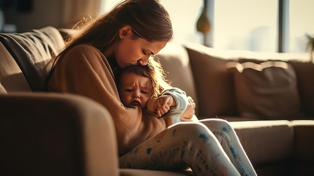 A young mother is sitting on a couch holding her crying baby face is etched with worry