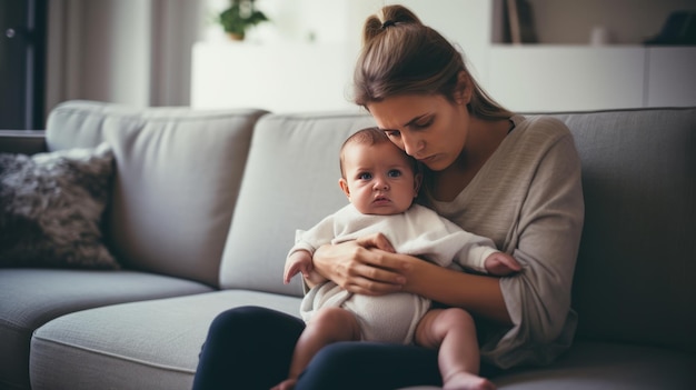 若い母親がソファに座って泣いている赤ちゃんの顔に不安が刻まれている