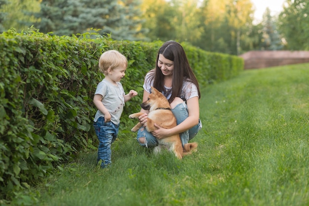 La giovane madre e il bambino giocano con un cane sull'erba. cucciolo di shiba inu che gioca con la famiglia felice