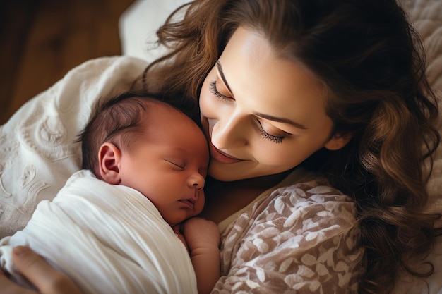 Young mother lovingly cradles her newborn baby in her arms