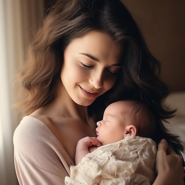 Young mother lovingly cradles her newborn baby in her arms