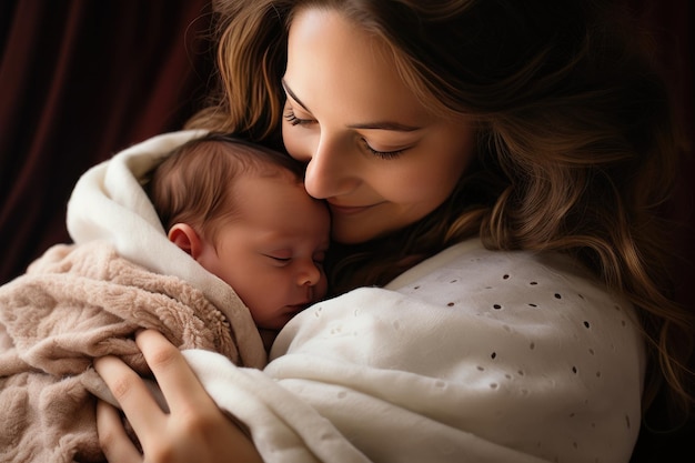 Молодая мать с любовью баюкает своего новорожденного ребенка на руках