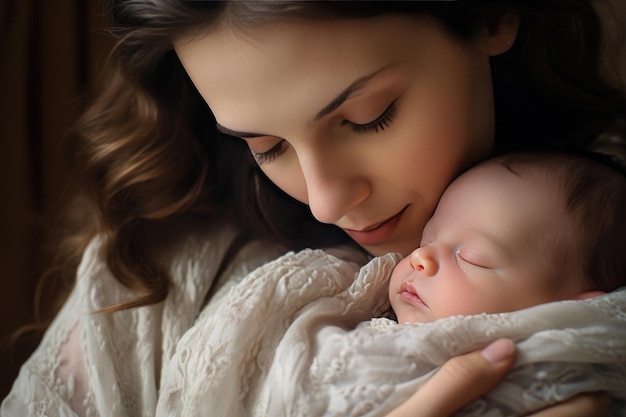 Young mother lovingly cradles her newborn baby in her arms