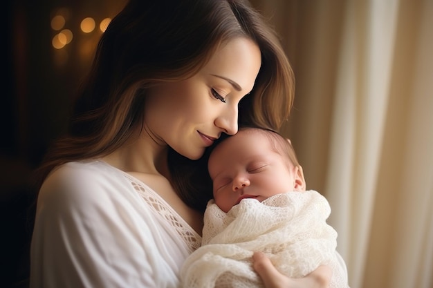 Young mother lovingly cradles her newborn baby in her arms