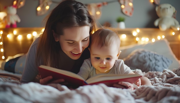 Young mother reading book to her cute little baby on bed