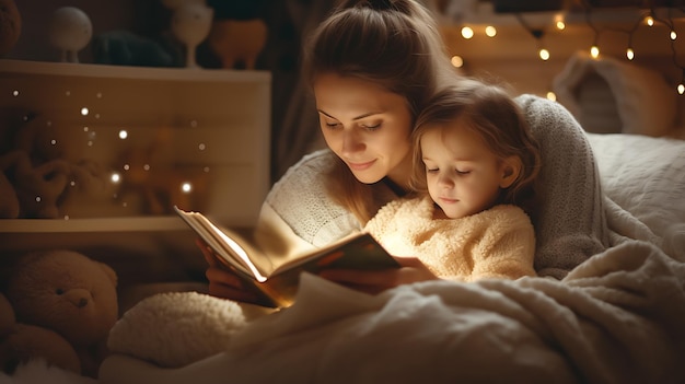 Young mother reading a book to her son in bed before going to sleepCreated with Generative AI technology