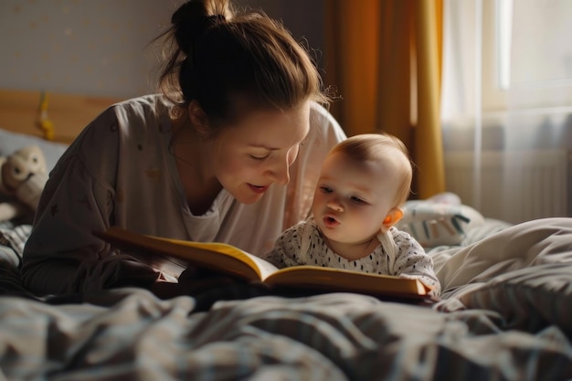 Фото Молодая мать читает книгу своему милому маленькому ребенку в постели