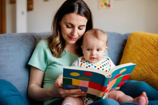 Young mother reading colorful fabric book to infant cradled in her arms