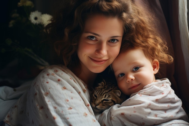 귀여운 아기와 함께 웃는 젊은 엄마 새로운 부모 AI 생성