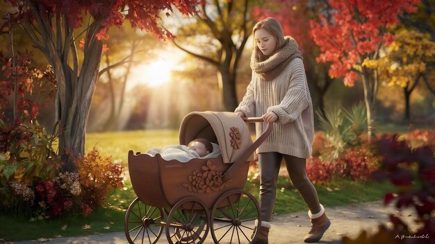 Young mother walking in a autumn park with carriage