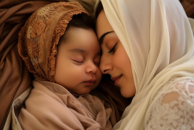 Photo young mother with her infant baby at home