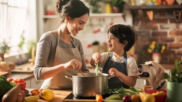 Young mother with her little son cooking at kitchen