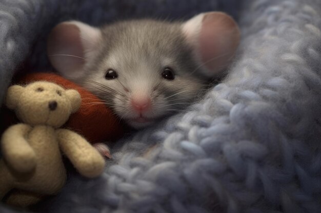 Photo young mouse with teddy bear in soft knitted blanket