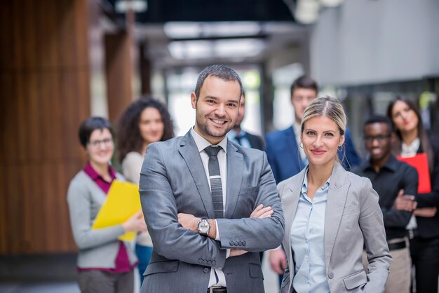 young multi ethnic business people group walking standing and top view