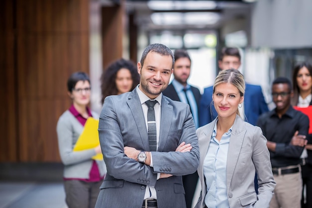 young multi ethnic business people group walking standing and top view