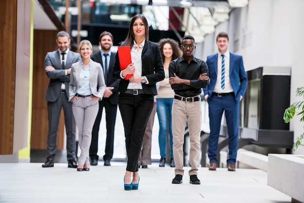 young multi ethnic business people group walking standing and top view