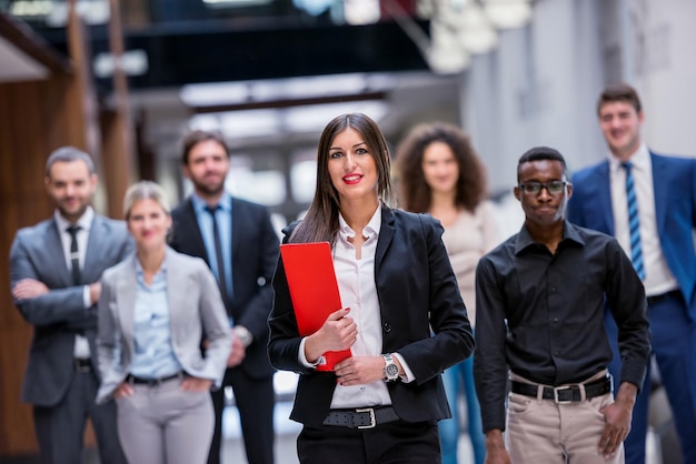 young multi ethnic business people group walking standing and top view