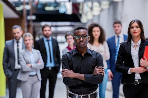 young multi ethnic business people group walking standing and top view