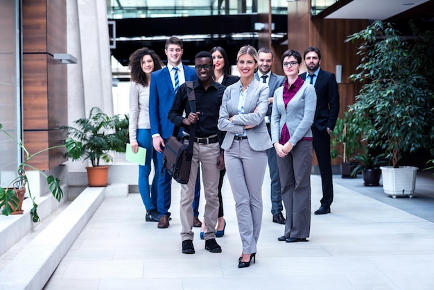 young multi ethnic business people group walking standing and top view