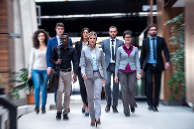 Young multi ethnic business people group walking standing and top view