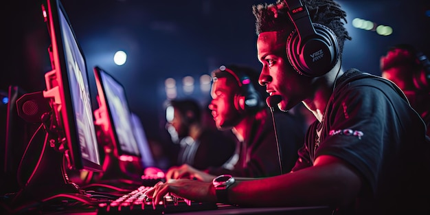 Photo young multi ethnic guys playing computer games on line in a esports competition