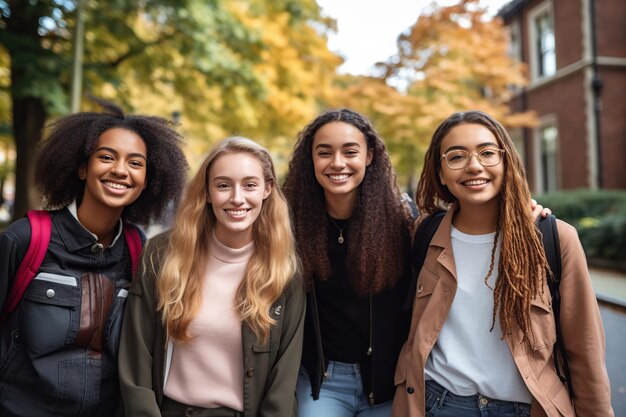 Young multiethnic friends having fun walking on city street