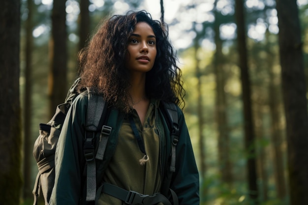 Young multiethnic woman hiking in the woods