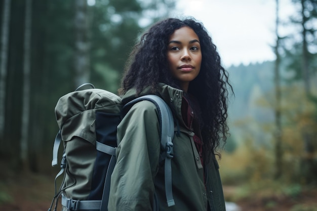 Young multiethnic woman hiking in the woods