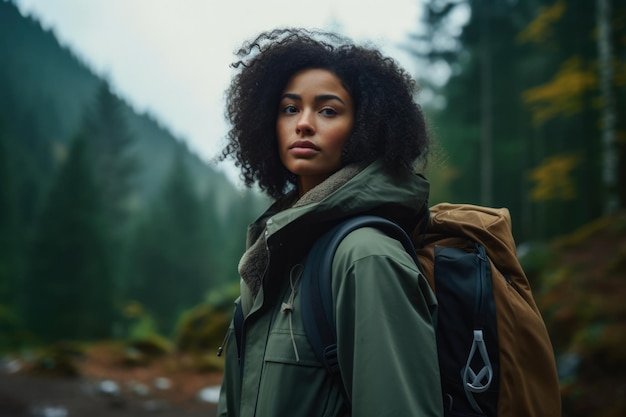 Young multiethnic woman hiking in the woods