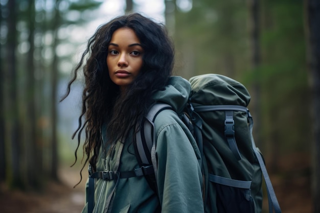 Young multiethnic woman hiking in the woods