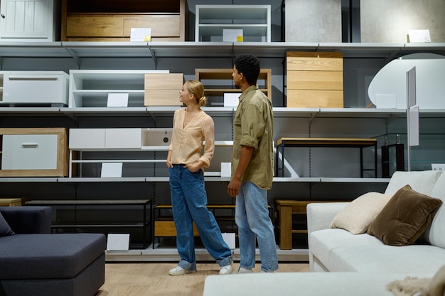 Young multiracial couple considering furniture store assortment