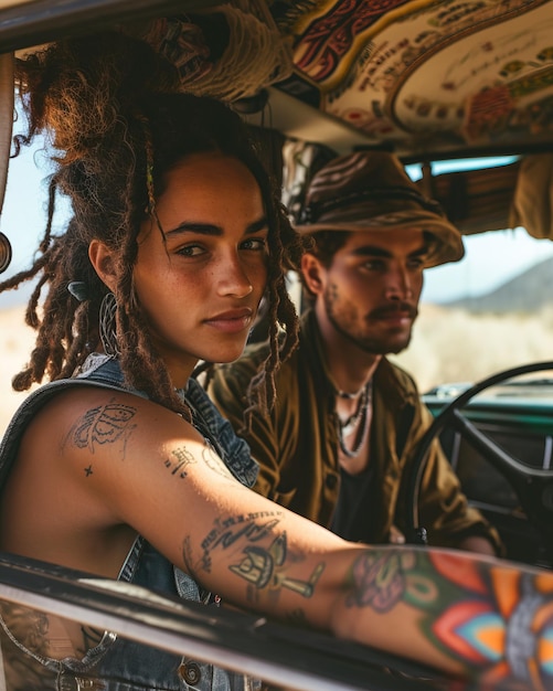 Photo young multiracial hippy couple with dreadlocks and tattoos traveling on vacation in caravan