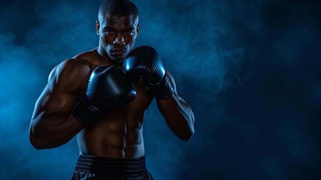 Young muscular African American man boxer with black gloves on ready to fight Dark blue background with smoke