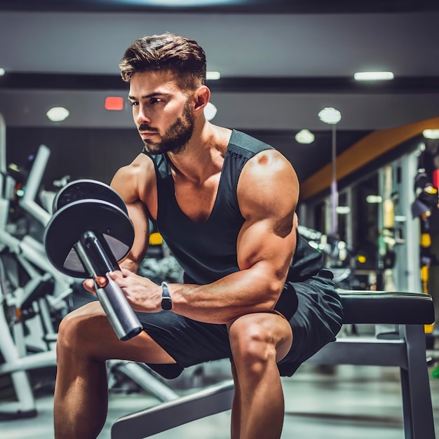 Young muscular athlete practicing in gym with the weights