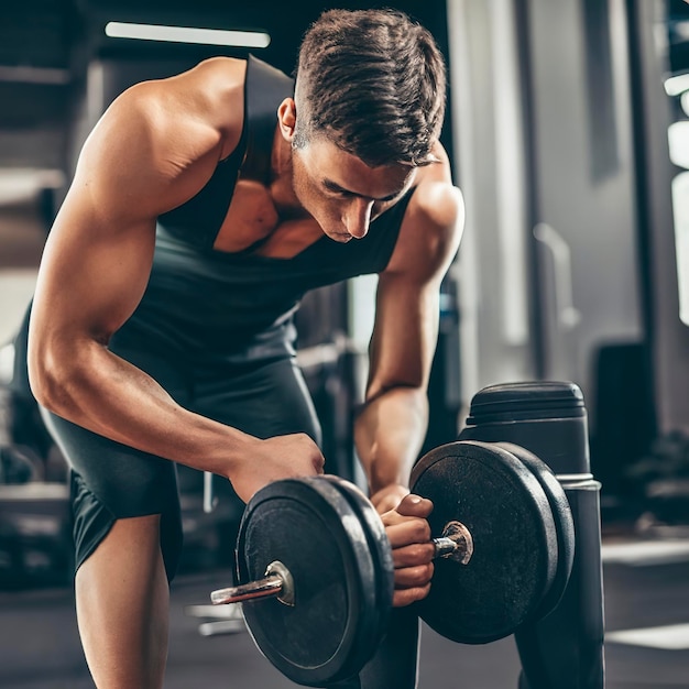 Young muscular athlete practicing in gym with the weights