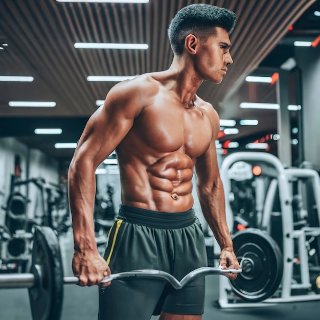 Young muscular athlete practicing in gym with the weights