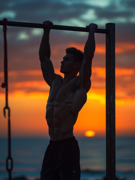 A young muscular man does workout on the street on the horizontal bar exercises for biceps and triceps against the backdrop of sunset