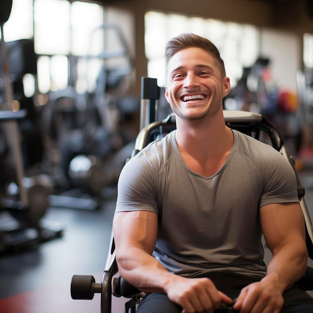 Young muscular man in wheelchair looks at camera and smiles Healthy lifestyle and fitness concept Fit bodybuilder sit down on the machine smile and enjoy workout leisure activity alone