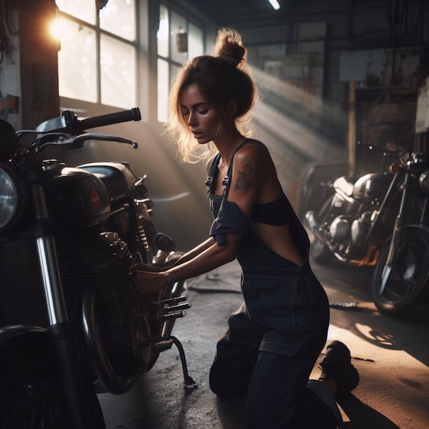 暗いガレージで若い筋肉質の混血女性がバイクを修理し、薄暗く暖かい光
