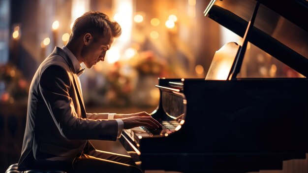 Foto young musician playing grand piano on a stage of a huge concert hall