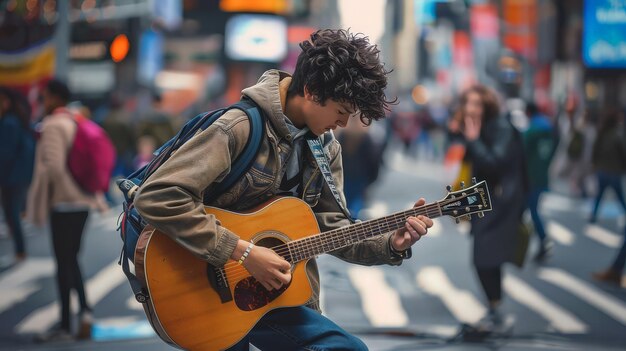 写真 若い ミュージシャン が 忙しい 歩道 で ギター を 演奏 し て いる