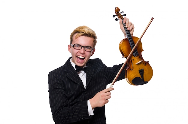 Young musician with violin isolated on white