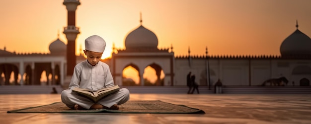 A Young Muslim Boy Reading the Quran at a Mosque